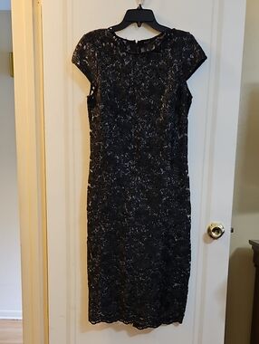 Black Lace Marina Midi Pencil Dress with Cap Sleeves, Size 12